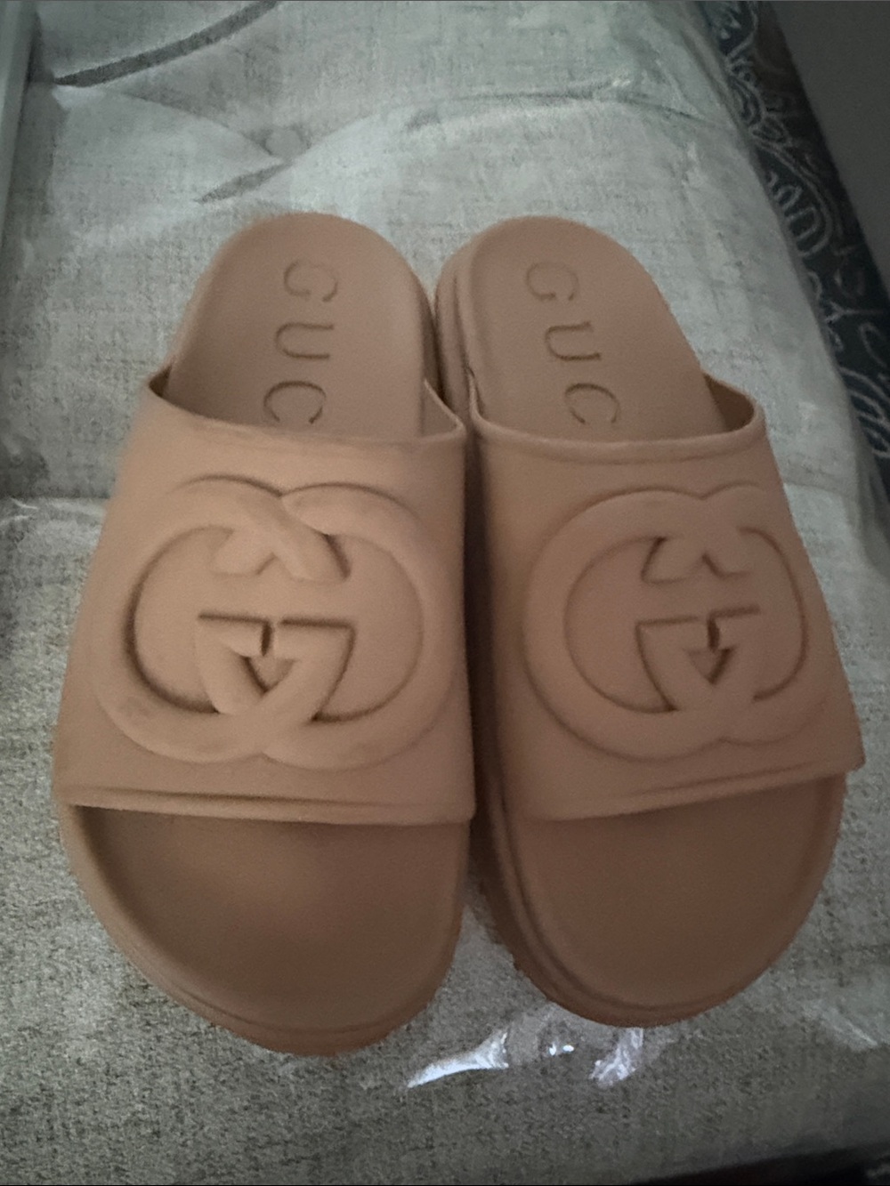 Gucci Tan Slide Sandals with Interlocking GG